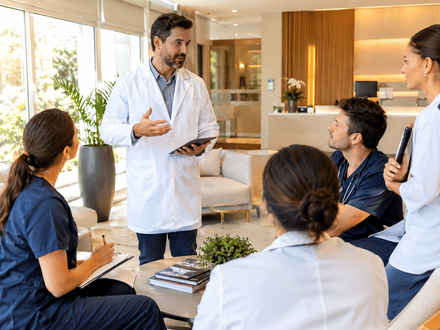 Equipe de clínica reunida em uma formação, com o médico conduzindo a conversa