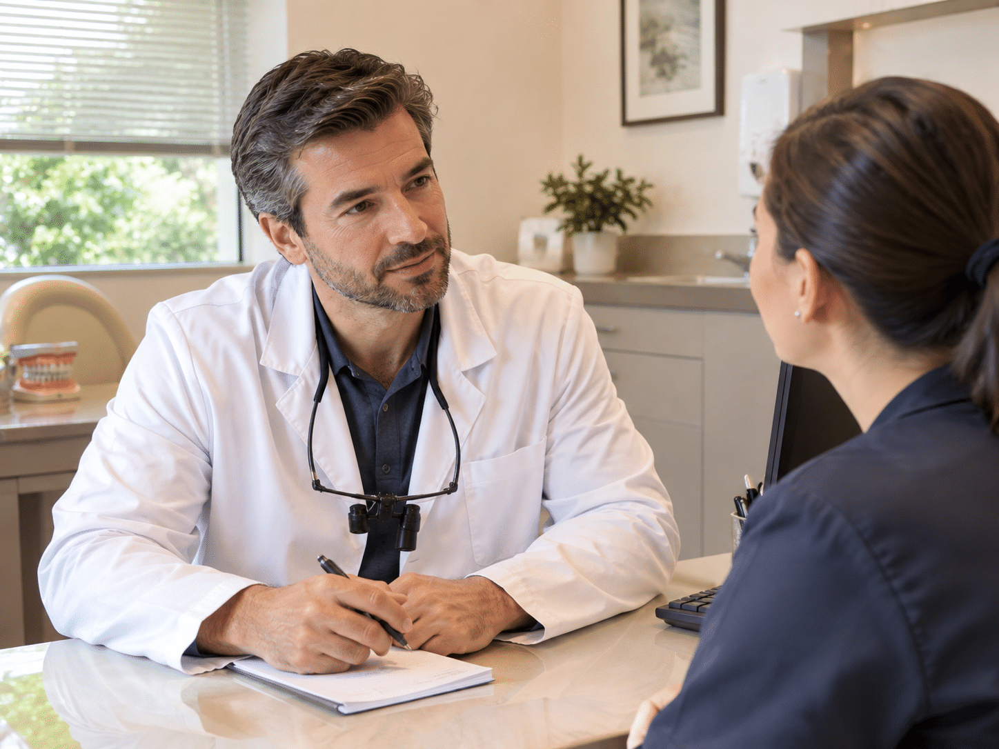 Dentista conversando com uma colaboradora no consultório