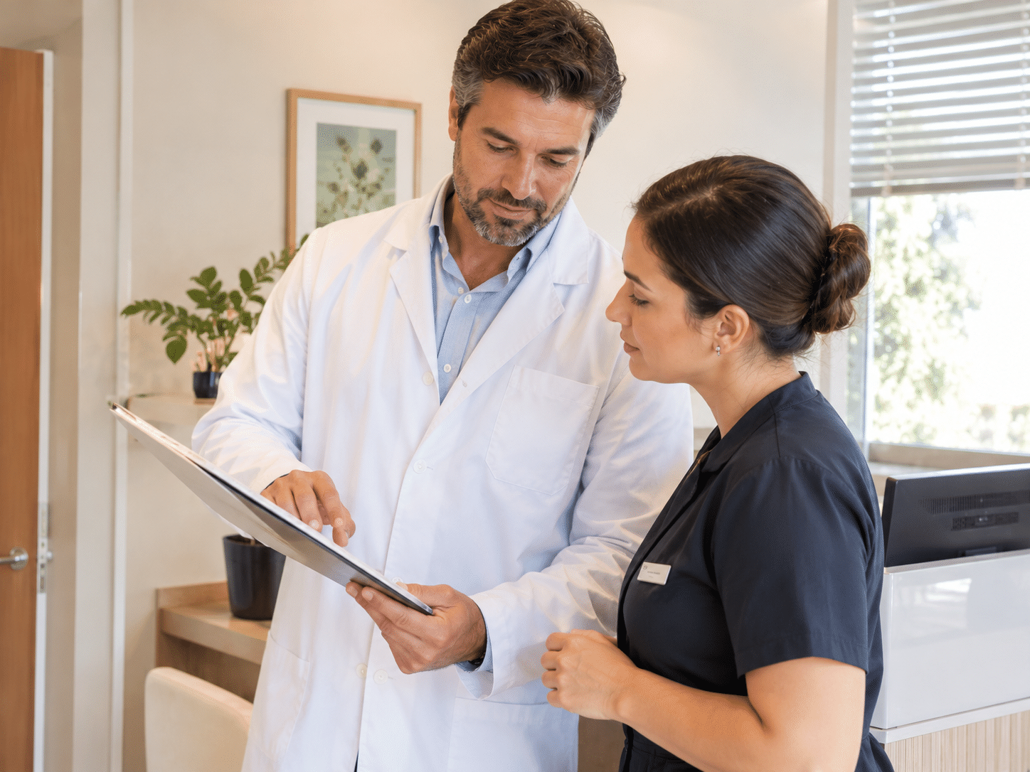 Dentista orientando uma colaboradora sobre o andamento do trabalho
