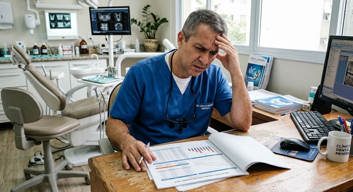 Medico analisando relatório financeiro com expressão de dúvida