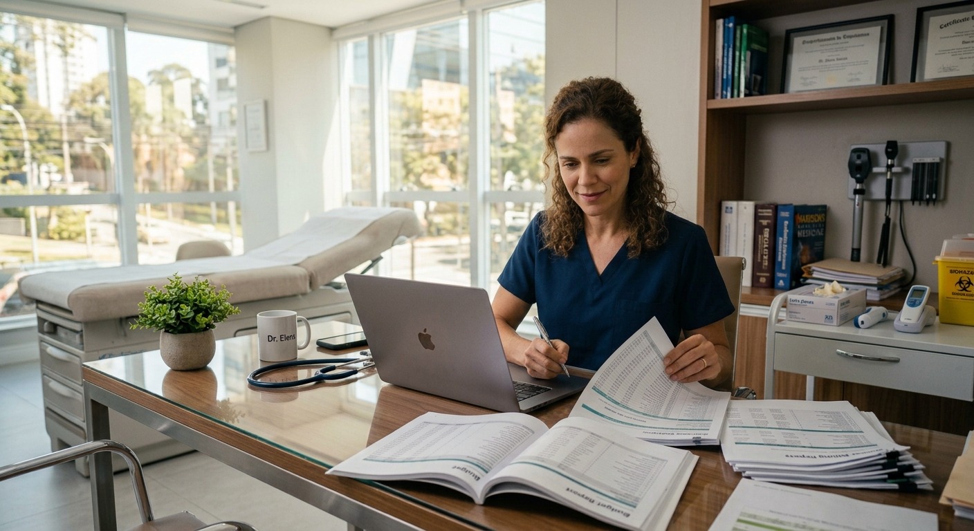 medica revisando documentos financeiros do consultório