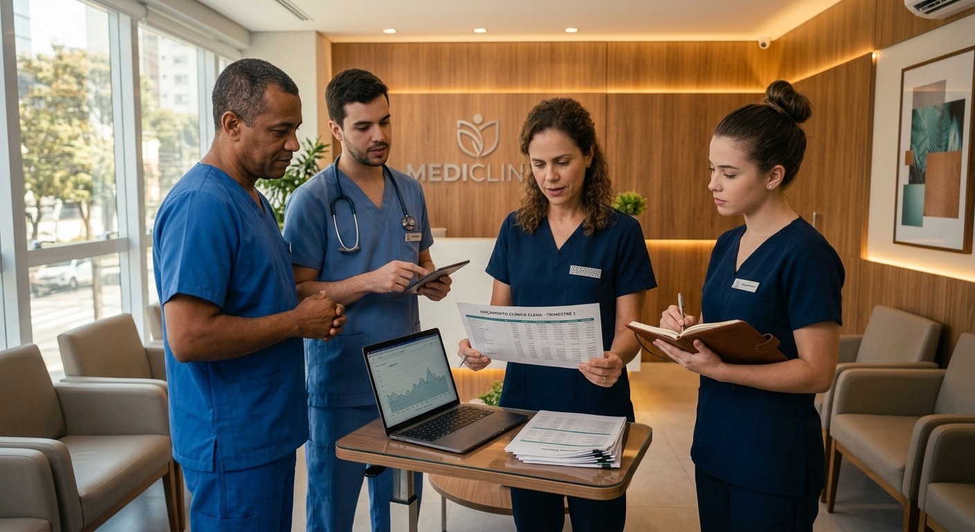 Pequena equipe de clínica revisando resultados financeiros juntos