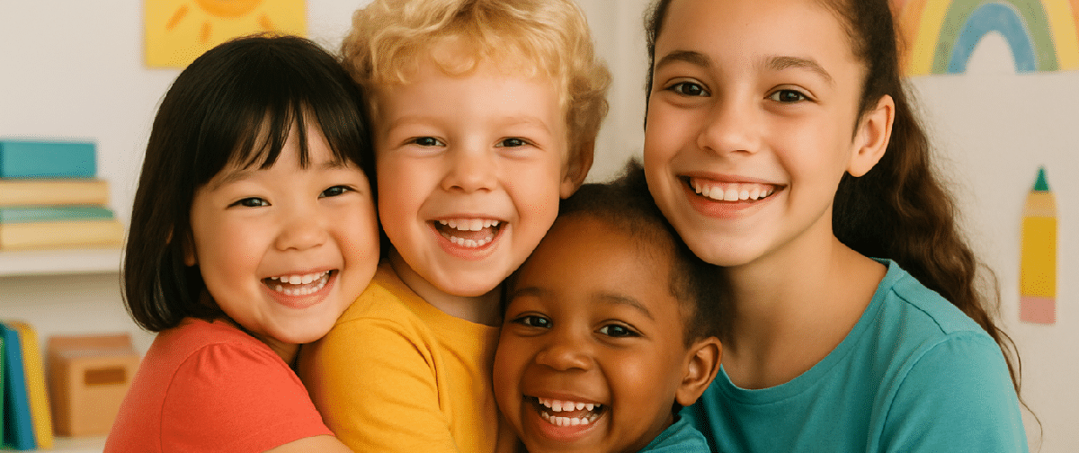 Crianças sorrindo — capa da palestra Sorrisos que Duram, sobre saúde bucal infantil
